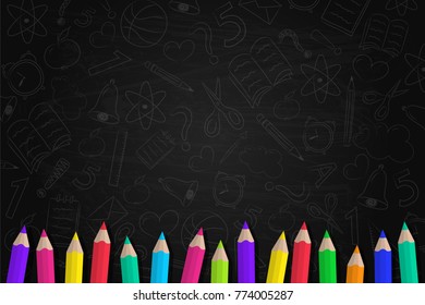 School background with coloured pencils and funny sketch. Vector. 