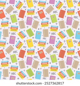 School background with cute cartoon books. Seamless pattern. Vector illustration