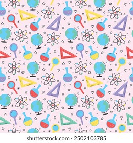 School background with cute cartoon icons. Seamless pattern. Vector illustration