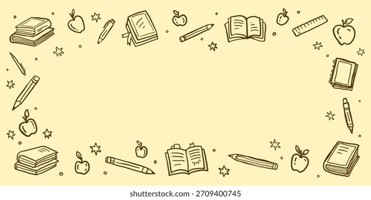 Fondo de la escuela con diferentes iconos de doodle. una bola, zéfiros, libros, pinturas, un marco de la escuela para el título.