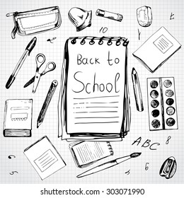 School background with different objects and copy space with word "Back to school"