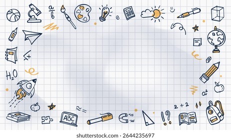 School background with doodle frame of hand drawn education elements on white crumpled checkered notebook paper. Sketch border, creative banner template for back to school theme, education concept.