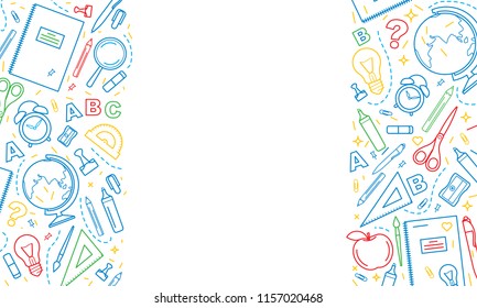 School background. Doodle pattern with school suplies - globe, book, pencils, pen, clock, brush, ruler and textbook. Back to school concept. Colorful icons on white 