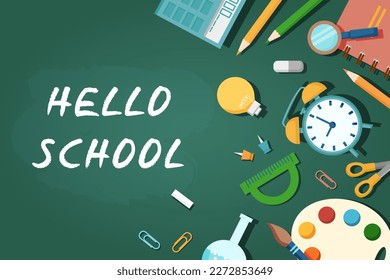 School background. Education concept - school chalkboard with supplies. Back to school concept.	
