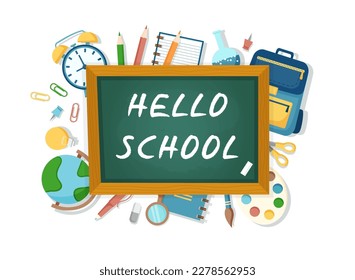 School background. Education concept - school chalkboard with supplies. Back to school concept.