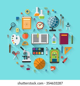 School background with education icons set. School supplies - schoolbook, notebook, pen, pencil, paints, stationary, training aids, school bag, globe, rulers, basketball, calculator etc. Flat design