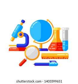 School background with education icons and symbols. Illustration in trendy flat style.