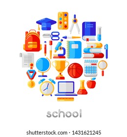 School background with education icons and symbols. Illustration in trendy flat style.