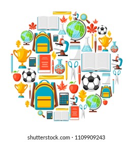 School background with education items. Illustration of colorful supplies and stationery.