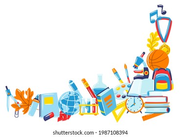 School background with education items. Illustration of supplies and stationery.
