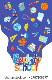 School background with education items. Illustration of supplies and stationery.