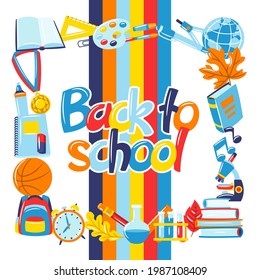 School background with education items. Illustration of supplies and stationery.