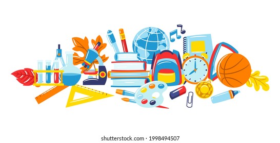 School background with education items. Illustration of supplies and stationery.