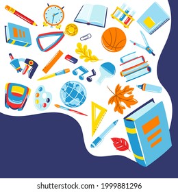 School background with education items. Illustration of supplies and stationery.