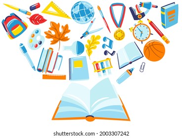 School background with education items. Illustration of supplies and stationery.