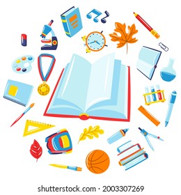 School background with education items. Illustration of supplies and stationery.