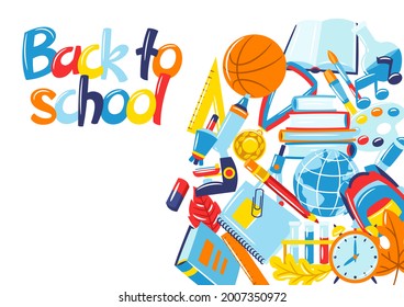 Antecedentes escolares con artículos educativos. Ilustración de suministros y artículos de papelería.