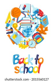 School background with education items. Illustration of supplies and stationery.