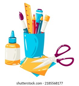 School background with education items. Illustration of supplies and stationery.