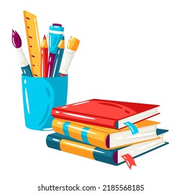 School background with education items. Illustration of supplies and stationery.