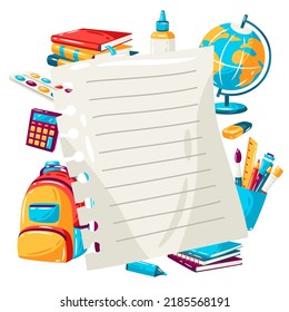 Schulhintergrund mit Unterrichtsartikeln. Illustration von Vorräten und Schreibwaren.