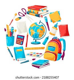 School background with education items. Illustration of supplies and stationery.