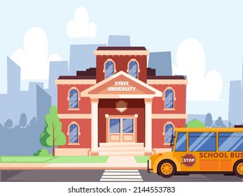 School background. Education municipal buildings school facades garish vector cartoon template