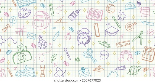 School background. Education seamless pattern. Color line icons. Stationery element. Kids studying supply. Teachers book. Students classroom. Pencil bag. Math calculation. Vector tidy drawing texture