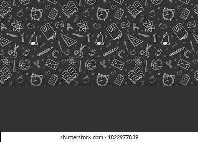 School background with empty frame and funny doodles. Vector