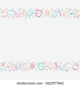 School background with empty frame and funny doodles. Vector