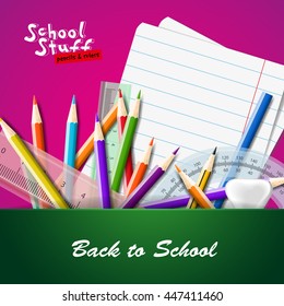 School background with school equipment with place for your text. Vector realistic illustration. Color pencils and rulers set.