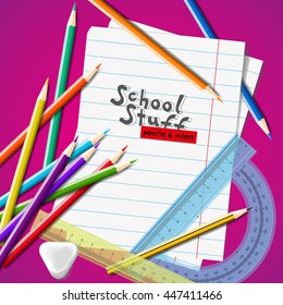 School background with school equipment with place for your text. Vector realistic illustration. Color pencils and rulers set.