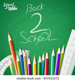 School background with school equipment with place for your text. Vector realistic illustration. Color pencils and rulers set.