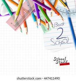 School background with school equipment with place for your text. Vector realistic illustration. Color pencils and rulers set.