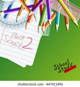 School background with school equipment with place for your text. Vector realistic illustration. Color pencils and rulers set.