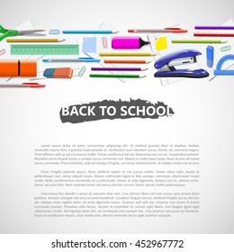 School background with school equipment and place for your text. Vector realistic illustration. Color pencils rulers and other stationary.