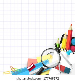 School background in flat design with school supplies and place for text 