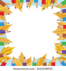 School background frame with colored pencils and autumn leaves in flat style illustration perfect for seasonal education themes and creative school projects