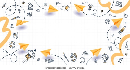 School background with frame of hand drawn education elements and paper planes on white checkered notebook paper. Sketch border, creative banner template for back to school theme, education concept.