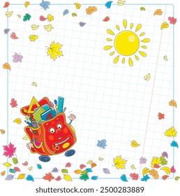 School background with a funny cartoonish schoolbag waving in greeting among colorful autumn leaves on the first of September before start of classes, vector cartoon illustration