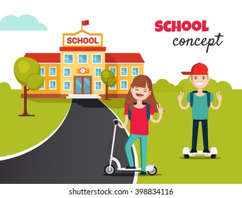 School Background With Graduation Concept In Flat Style. School Building And Front Yard With Students Children. Vector Illustration Eps 8