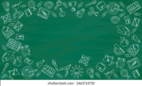 School background. Green board with hand-drawn chalk school supplies.