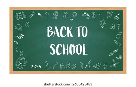 School background. Green board with hand-drawn chalk school supplies