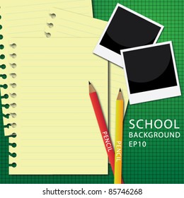 school background with green board, pencils