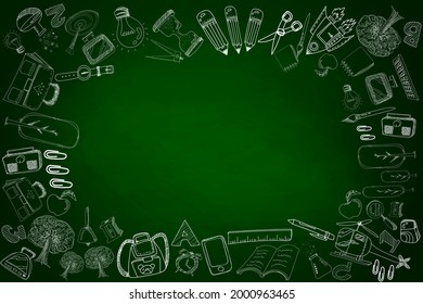School background. Green chalkboard with Hand-drawn chalk school supplies.