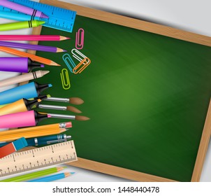 School background with green chalkboard and study supplies. Kids back to study concept. Realistic vector illustration.