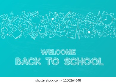 School background with hand drawn accessories and text "Welcome back to school". Vector. 