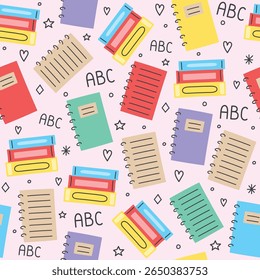 School background with hand drawn books and notebooks. Seamless pattern. Vector illustration