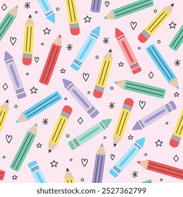 Fundo da escola com ícones de lápis de cera desenhados à mão. Padrão contínuo. Ilustração vetorial