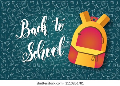 School background with hand drawn doodle icons of study in sketch style, backpack and hand made lettering "Back to school". Vector background. 